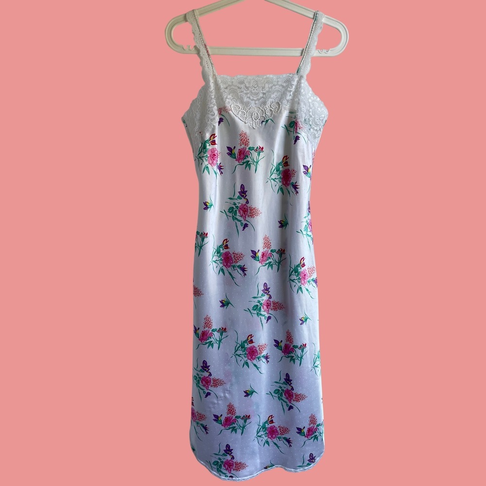 Vintage Floral Slip Dress Swiss Dot Lace Trim Tulip Hem Midi Coquette